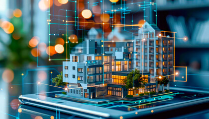 Digital smart home model with futuristic network overlay