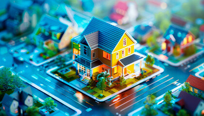 Vibrant residential house model in colorful suburban neighborhood