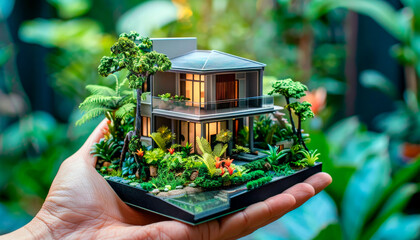 Modern eco house with garden held in hand, lush outdoors