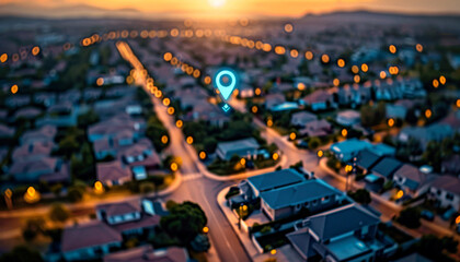 Location pin above suburban neighborhood at sunset