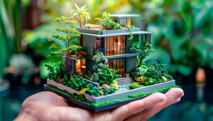 A hand is holding a model of a house with a garden on top