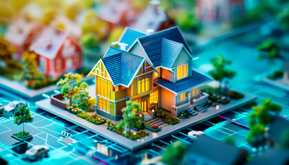 Vibrant suburban house model with blue roof in digital neighborhood