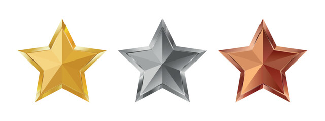 Set of golden, silver and bronze 3D stars. The vectors are isolated on a white background.