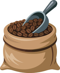 Isolated Cartoon Vector Illustration of a Burlap Sack Filled with Fresh Roasted Coffee Beans and a Metal Scoop