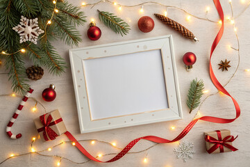 Festive Holiday Photo Frame: A heartwarming composition showcases a blank photo frame adorned with an array of Christmas ornaments, lush fir branches, and soft, ambient lights.