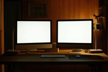 Fototapeta premium Two computer screens mockup on office desk