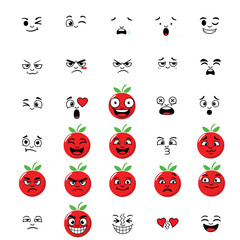 Vector set of cartoon facial expressions and cute red tomato character emoticons with various emotions.
