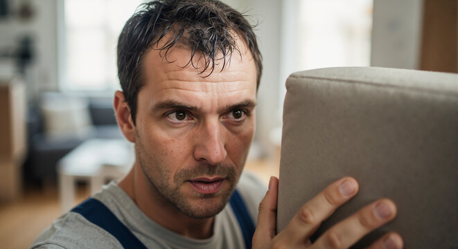 Man Moving furniture showing face. Man Moving heavy objects and furniture boxes while relocating. Caucasian worker with serious expression doing man moving. Concept of moving.