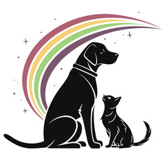 Dog and Cat Silhouette with Rainbow
