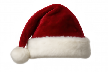 Classic red santa claus hat with white fur trim and pom-pom isolated on transparent background for christmas design