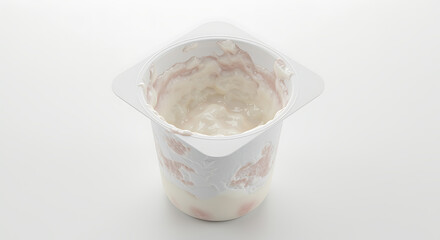 Partially eaten strawberry yogurt in a white plastic cup