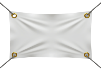 Ultra-macro close-up of a taut, white rectangular vinyl banner with golden grommets under extreme tension from ropes, isolated on a transparent studio background. Concept of material strain and