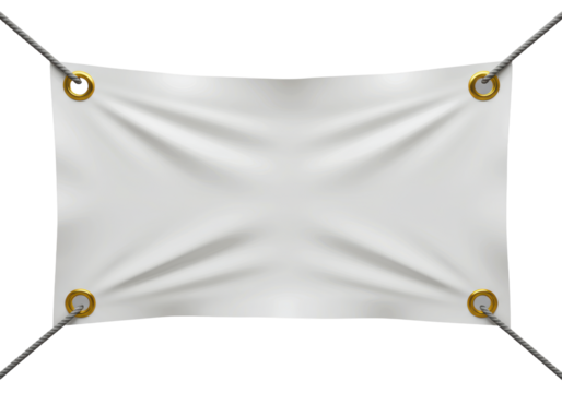 Ultra-macro close-up of a taut, white rectangular vinyl banner with golden grommets under extreme tension from ropes, isolated on a transparent studio background. Concept of material strain and