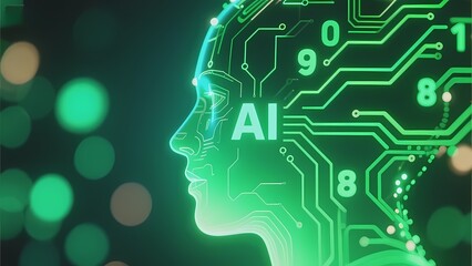 Digital human head with AI circuitry and glowing numbers, symbolizing artificial intelligence and neural networks