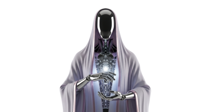 Futuristic robotic entity with glowing core, cloaked in ethereal fabric, symbolizing advanced AI and future technology innovation.