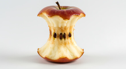 Red apple core with visible seeds on white background