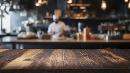Chef Working In Busy Restaurant Kitchen With Wooden Table In Foreground