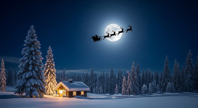 Santa claus and reindeer flying over snowy winter cabin