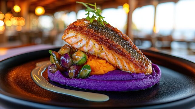 Premium red snapper fillet with crispy golden skin served on vibrant purple sweet potato puree with glazed vegetables in upscale restaurant setting
