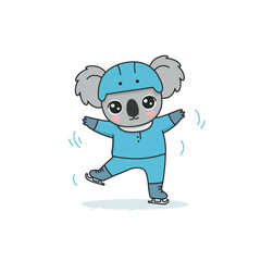 Fototapeta premium Cute cartoon koala character ice skating wearing a blue helmet and suit.