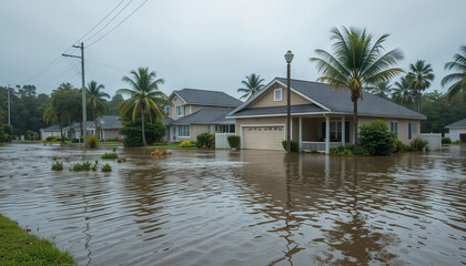 A residential neighborhood experiences severe flooding as homes sit submerged in murky water, surrounded by palm trees during a rainy day. The scene depicts a challenging weather situation