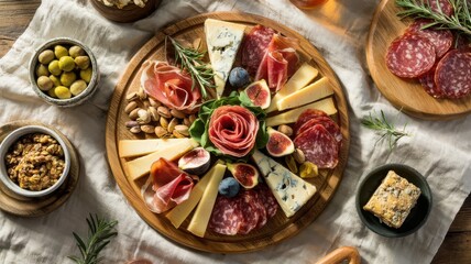 Charcuterie board with artisan meats, aged cheeses, fresh figs and rosemary on circular wooden platter with elegant overhead presentation