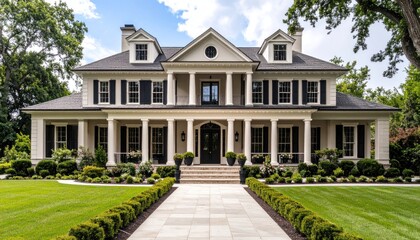 Luxury Home Exterior with White Columns and Green Lawn.