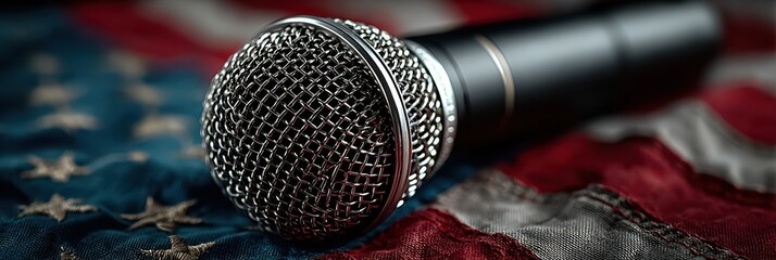 Microphone resting on an American flag captures the essence of patriotic expression during a live performance or speech