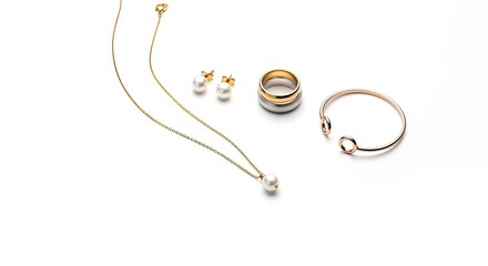 Elegant Jewelry Set: Pearl Necklace, Earrings, Rings, and Rose Gold Bangle on White