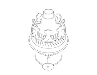 Retro Oil Lamp Burner Illustration. Hand-Drawn Vector Outline of an Old Kerosene Lamp Part with Crown Details and Wick Control. Excellent for Vintage Projects, Traditional Decor, Isolated on White.