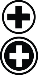 Two contrasting circular cross symbols one black cross on white inside black circle other white cross on black inside white circle