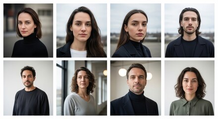 Clean corporate headshot portraits of diverse professionals in business attire. Modern office backgrounds showcase confident team members.