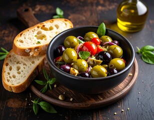 Bowl of marinated olives and vegetables with bread