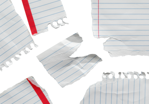 Extreme close-up macro of dynamically arranged torn vintage lined notebook paper, blue lines, red margin, one piece mid-tear revealing raw fibers, on transparent background. Concept of paper texture