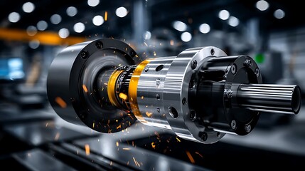 high-tech rotating machine part emits sparks in a modern industrial setting.