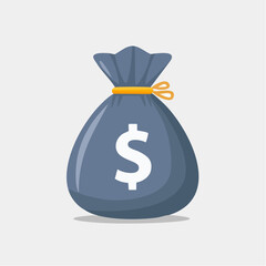 Illustration of a blue money bag with a white dollar sign, tied with a yellow string.