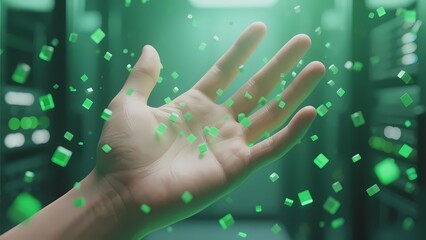 A hand reaching out with green digital cubes floating around in a high-tech environment