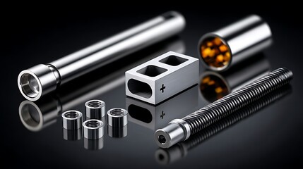 close-up of shiny metallic mechanical components arranged on a reflective surface.