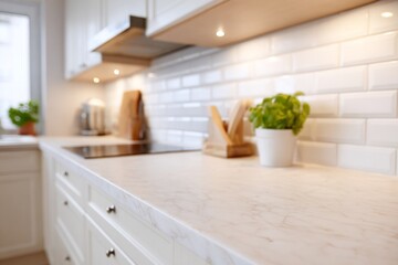 White, contemporary kitchen counter in warm and bright lighting 