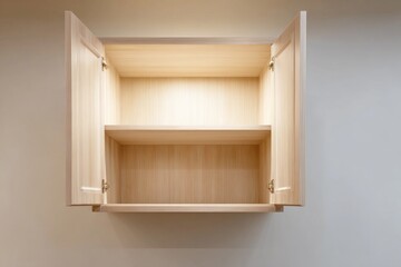 Clean, empty wall cabinet in a well-lit kitchen, warm lighting