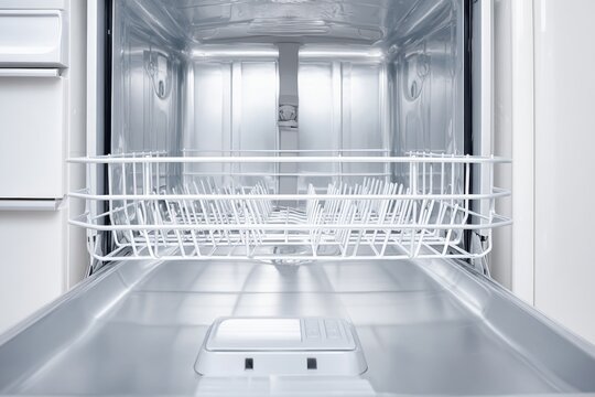 Closeup of the inside of a clean, empty and bright dishwasher