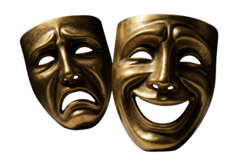 Extreme macro of a burnished gold comedy mask with joyful smile and a brushed gold tragedy mask with sorrowful mouth on transparent background, low angle, dramatic chiaroscuro. Concept of emotional