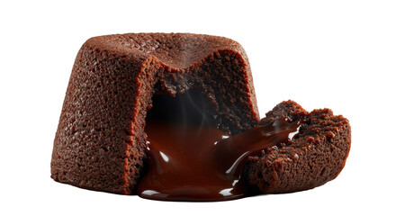 Warm, freshly baked molten chocolate lava cake dramatically cut open, rich dark chocolate oozing, delicate steam rising, isolated on transparent background. Intense decadence concept