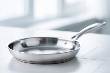 Stainless steel pan on kitchen counter in natural lighting
