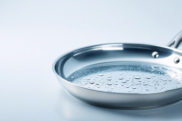 Wet stainless steel pan closeup with water droplets on white surface
