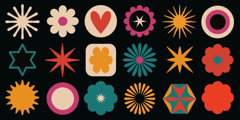 Retro mid century modern abstract geometric shapes and flowers on black background