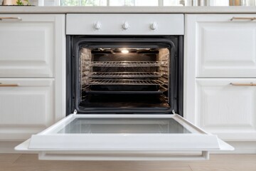 Front view of a clean, empty oven with open door