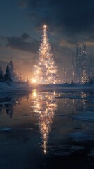 Sparkling Christmas tree reflects on frozen lake near futuristic city skyline at twilight