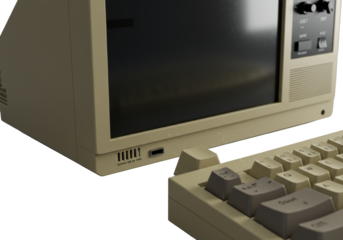Vintage beige crt monitor with glowing screen and static aura, next to a matching mechanical keyboard with a depressed key and dust, on transparent background, macro shot, nostalgic vintage tech