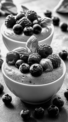 Delicious dessert bowls filled with berries and herbs on a table